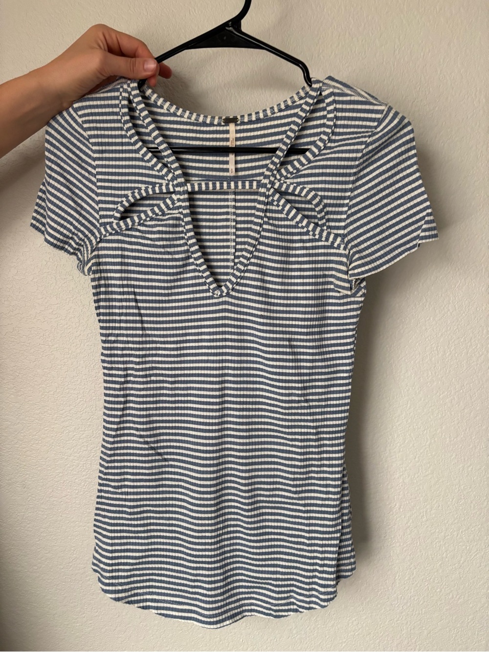Free People Striped V-Neck Short Sleeve Top in Blue and White